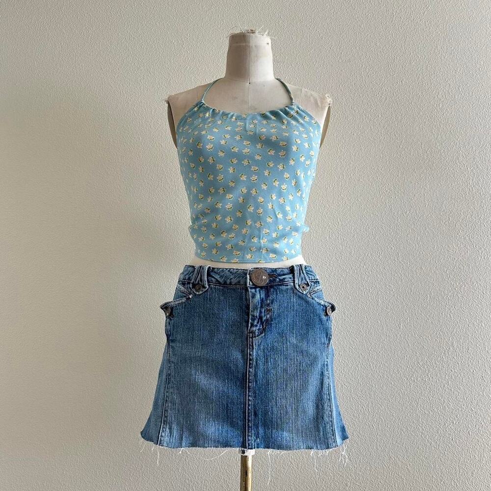 handmade light blue yellow floral print halter crop top